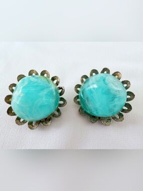 Vintage Turquoise Glass Flower Clip On Earrings - Signed STAR